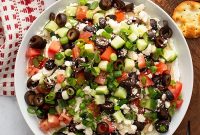 Greek Layered Dip Recipe with Feta, Olives and Tzatziki