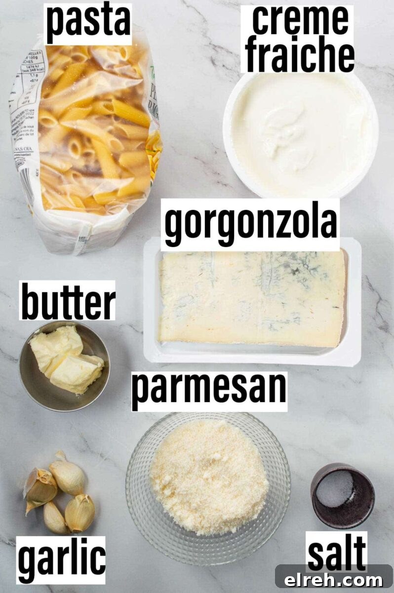 Labelled ingredients including pasta, creme fraiche, gorgonzola, butter, parmesan, butter and salt.