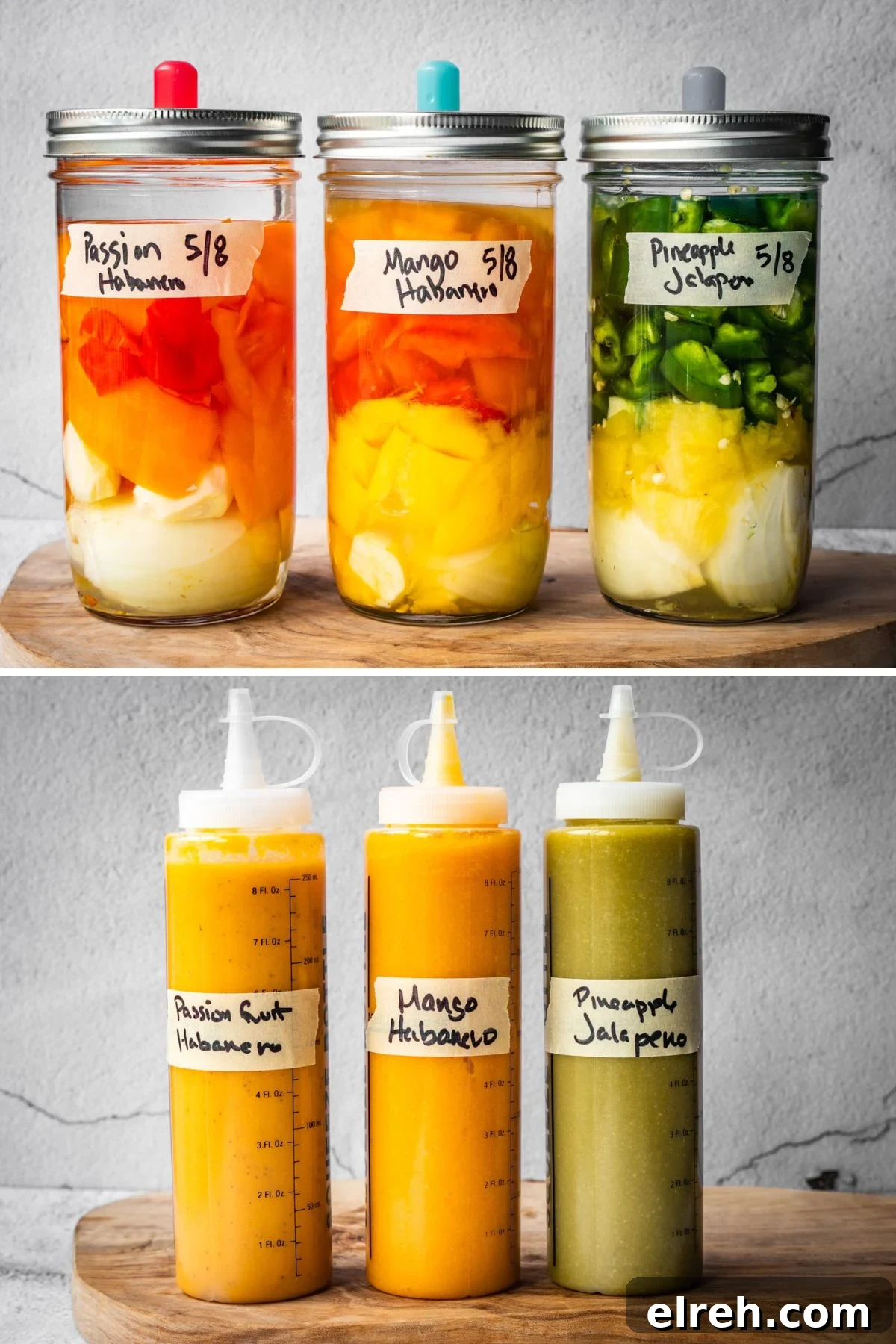 Fermented Pineapple Jalapeno Hot Sauce Recipe 3 A collage image showing 3 mason jars of peppers and fruits fermenting as well as the final hot sauces in squeeze bottles.