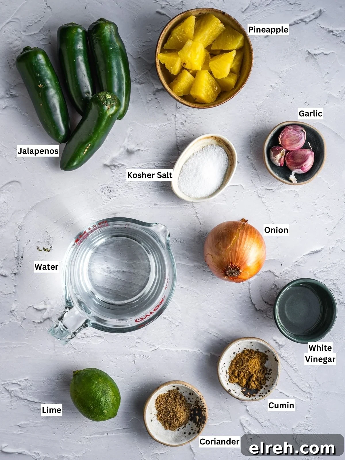 Fermented Pineapple Jalapeno Hot Sauce Recipe 4 Pineapple jalapeno hot sauce recipe ingredients with individual labels on a board.