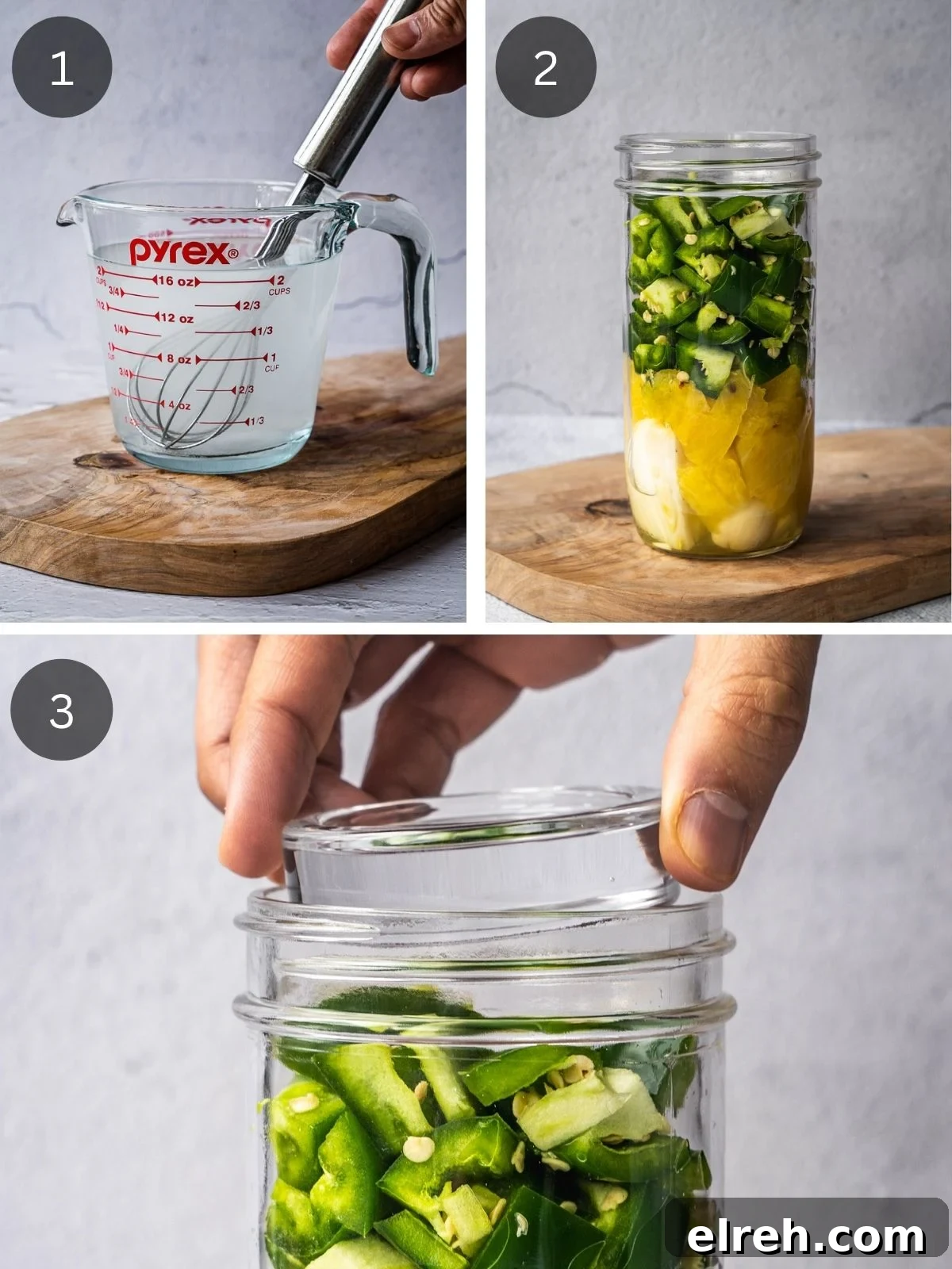 Fermented Pineapple Jalapeno Hot Sauce Recipe 5 Hot sauce recipe steps showing the making of the brine and the packing of the jar.