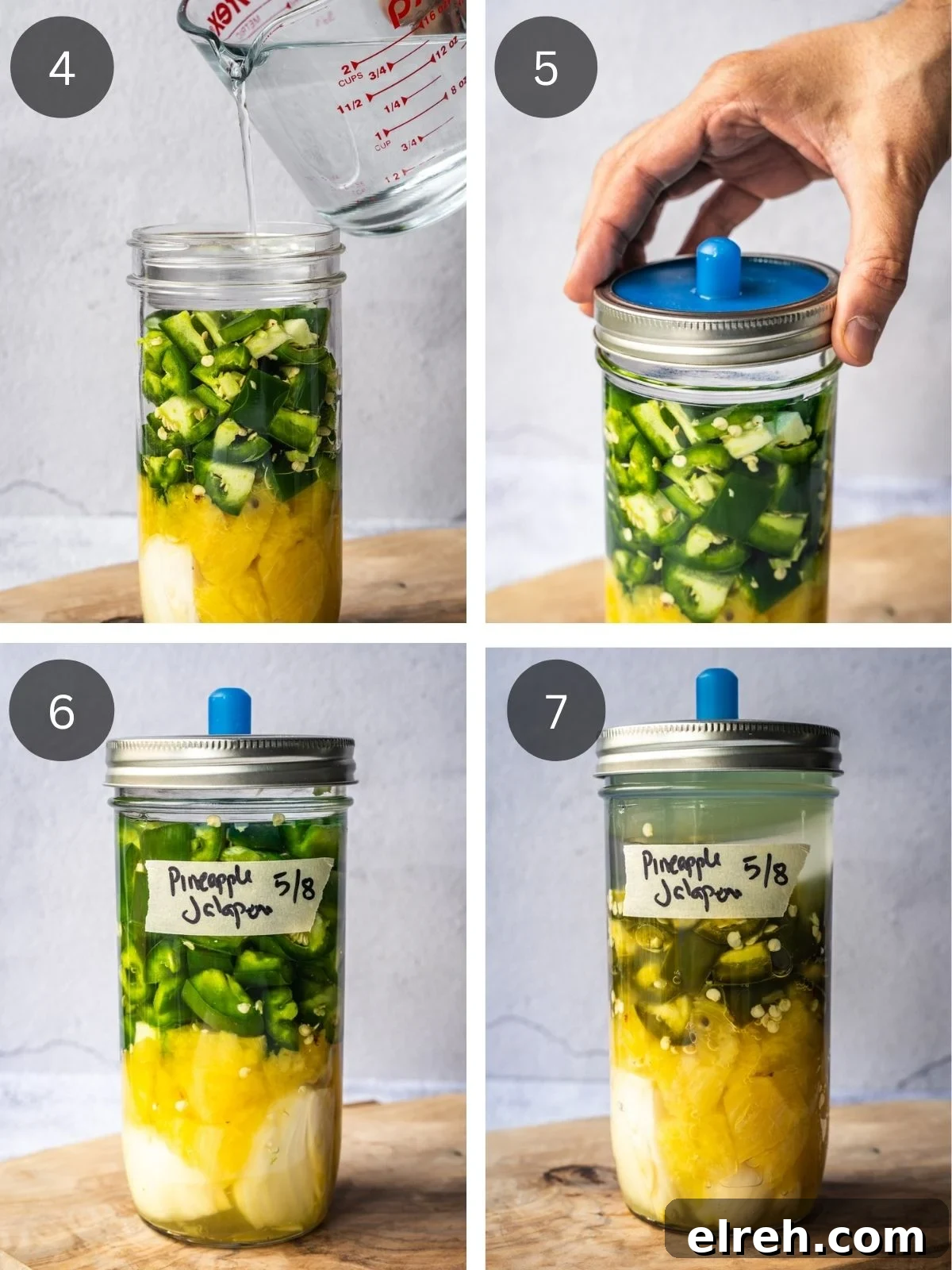Fermented Pineapple Jalapeno Hot Sauce Recipe 6 Recipe steps showing the addition of the brine to the jar, applying the fermentation lid and.
