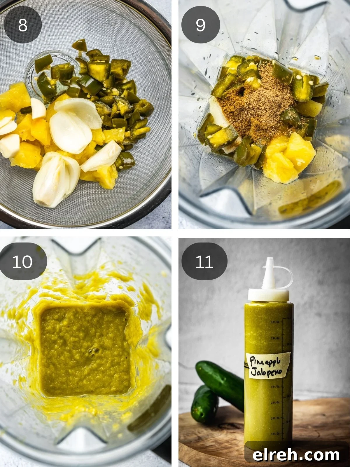 Fermented Pineapple Jalapeno Hot Sauce Recipe 7 Recipe steps showing the draining, blending, seasoning and bottling of the pineapple jalapeno hot sauce.