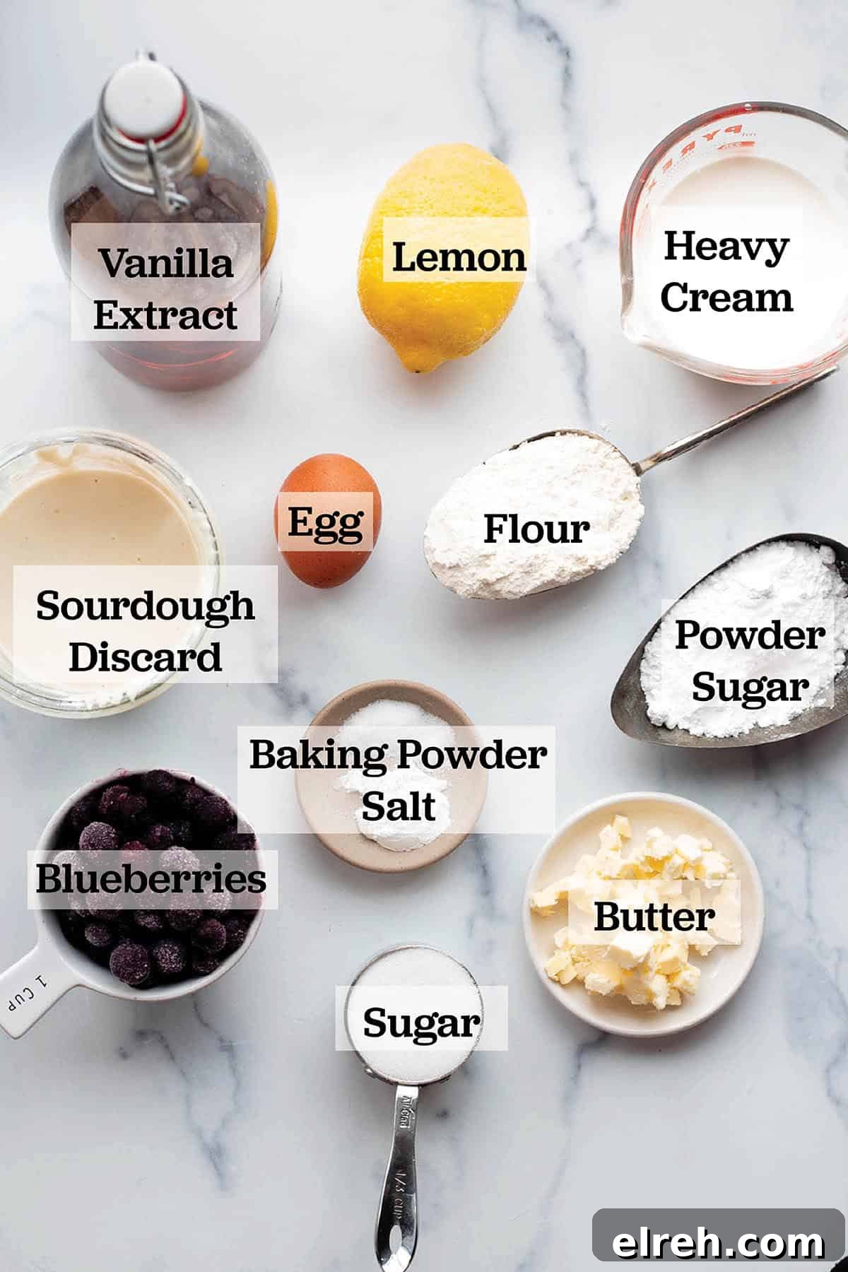 Flaky Sourdough Blueberry Scones Recipe 3 Ingredients in measuring cups and bowls to make blueberry scones.