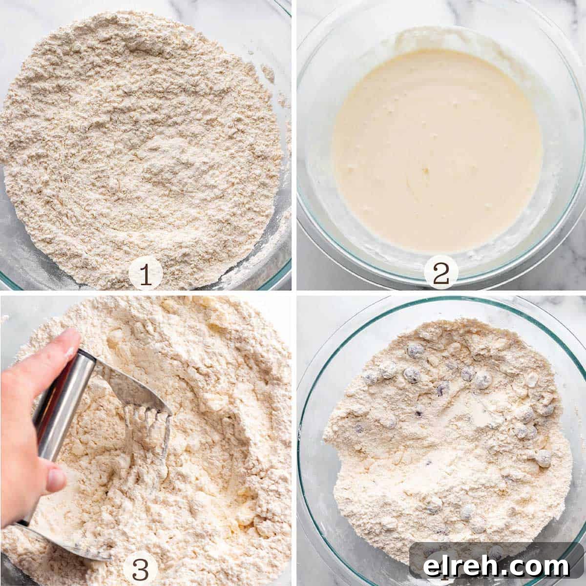 Flaky Sourdough Blueberry Scones Recipe 4 Four images. One of a bowl with dry ingredients and the other with wet and then a pastry cutting mixing butter into the flour.