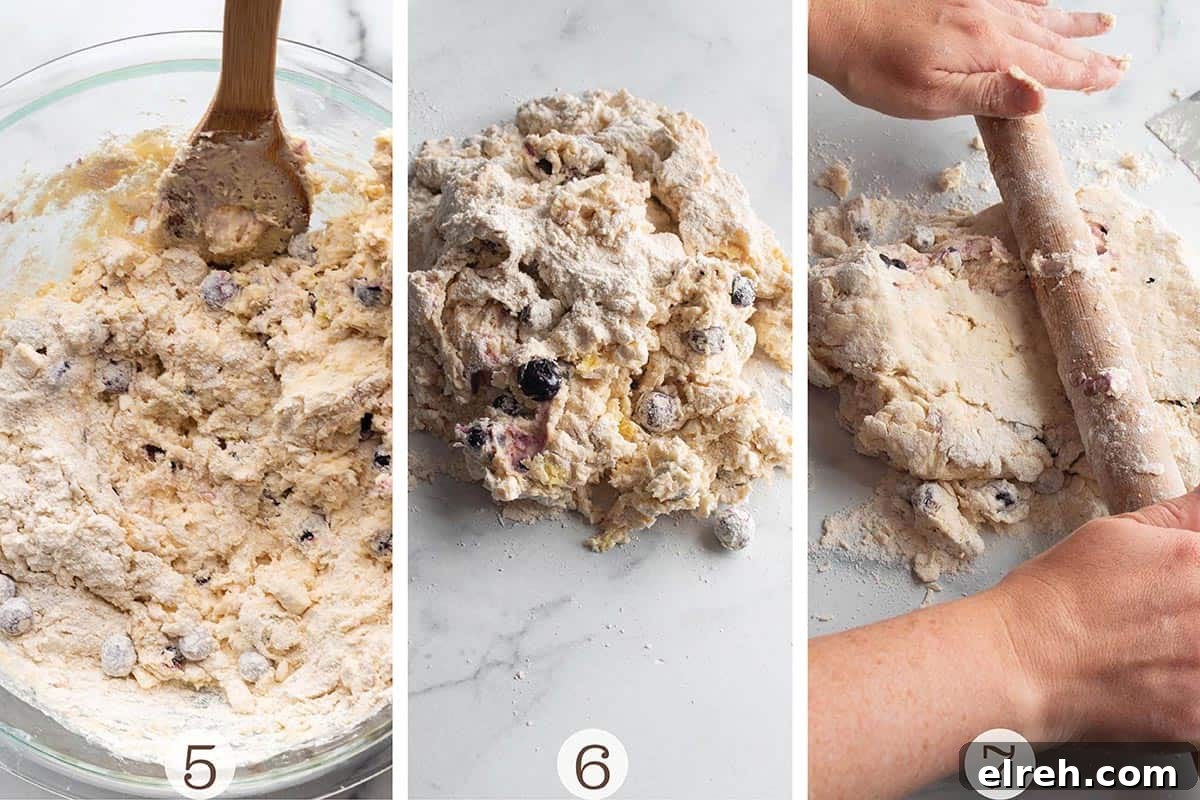 Flaky Sourdough Blueberry Scones Recipe 5 Three images of making scones. Mixing the batter and making it into a disk.