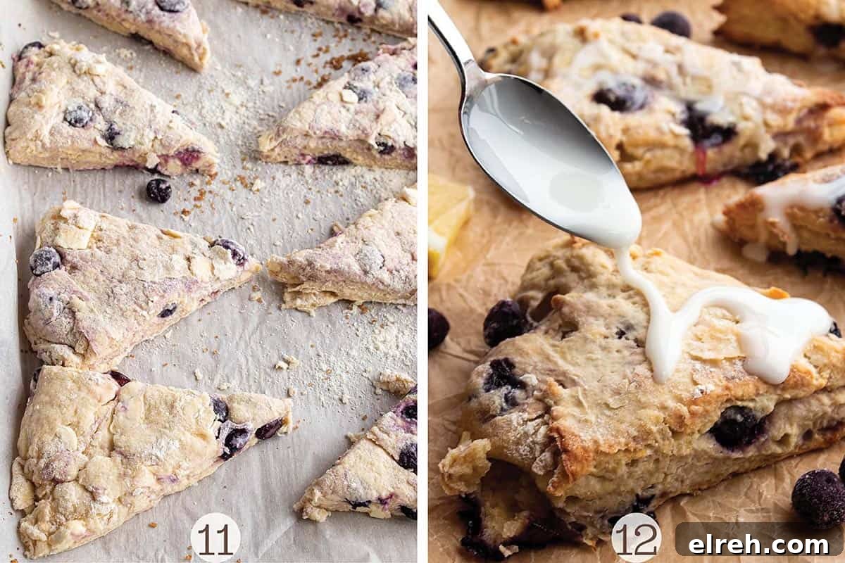 Flaky Sourdough Blueberry Scones Recipe 7 Scones on a baking sheet getting ready to bake an then spoon drizzling on glaze.