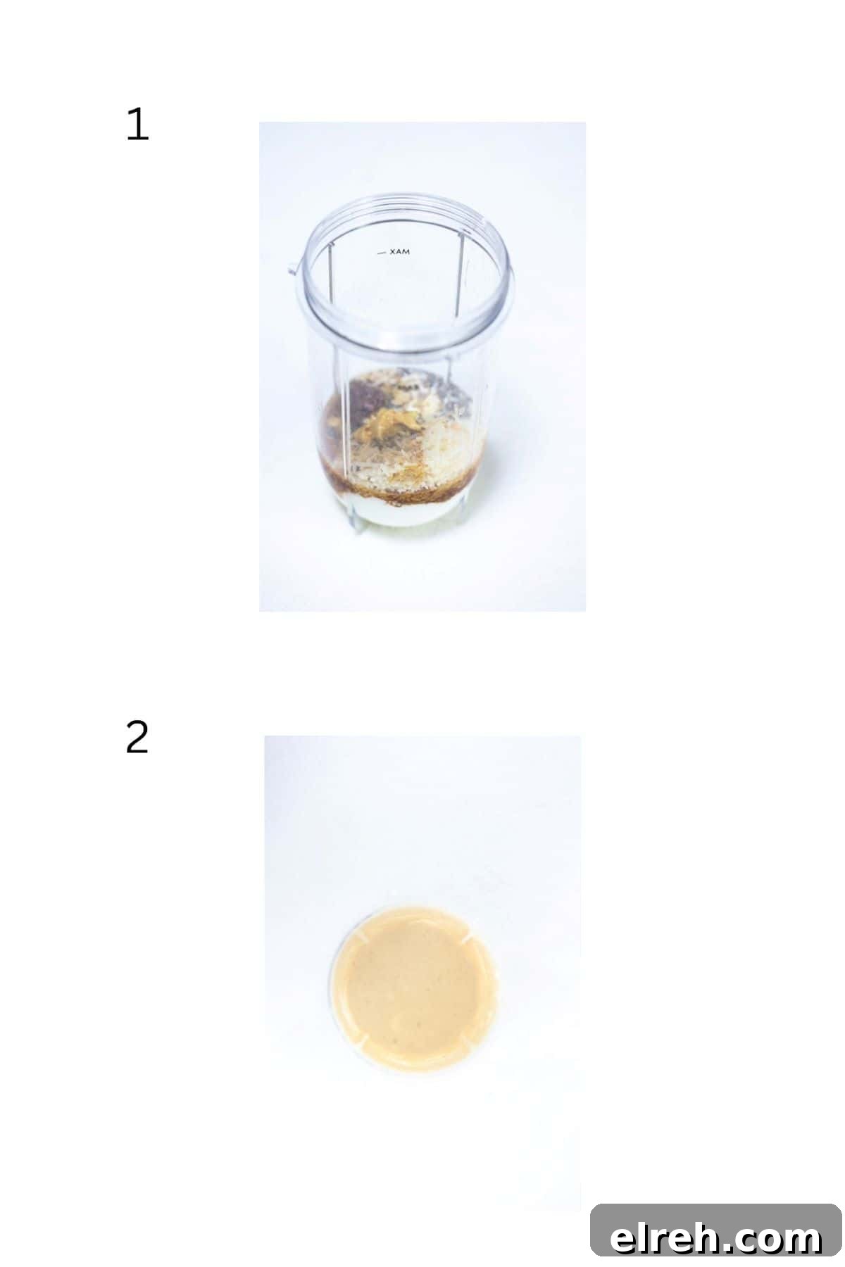 Two numbered images showing how to make homemade Caesar dressing.