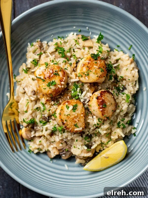 Sweet and Smoky Bacon Wrapped Scallops 10 Lemon butter scallops over parmesan risotto.