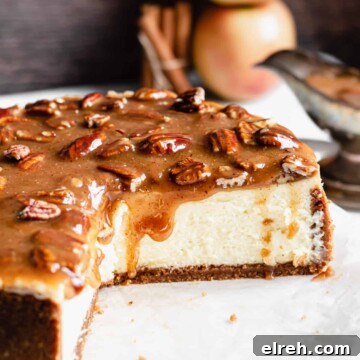 Apple Crumble Cheesecake with Cinnamon Streusel Recipe 22 Cross section of the cheesecake with the caramel dripping down.
