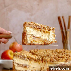 Apple Crumble Cheesecake with Cinnamon Streusel Recipe 25 A hand holds a piece of apple cheesecake on a pie server.