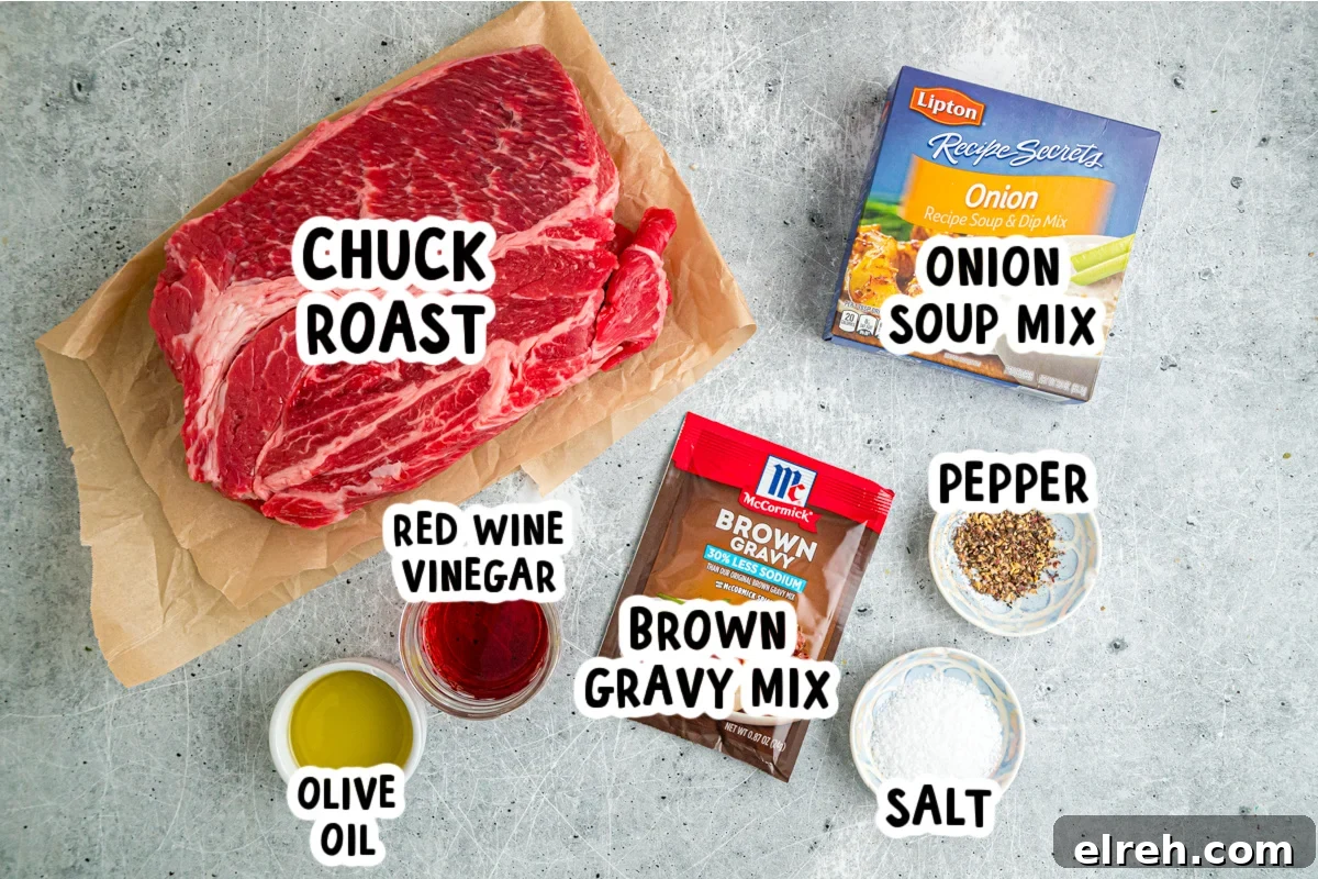 Open Faced Roast Beef Manhattan Sandwich with Gravy 3 Ingredients for beef manhattan on a table.