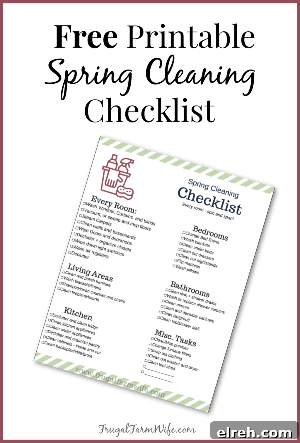 Image shows a printable spring checklist, with text that reads "Free Printable Spring Cleaning Checklist"