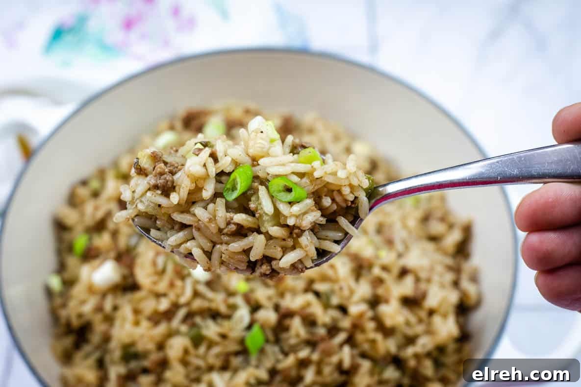 A close-up of a spoon holding dirty fried rice mixed with ground meat and sliced green onions above a pot of the same dish.