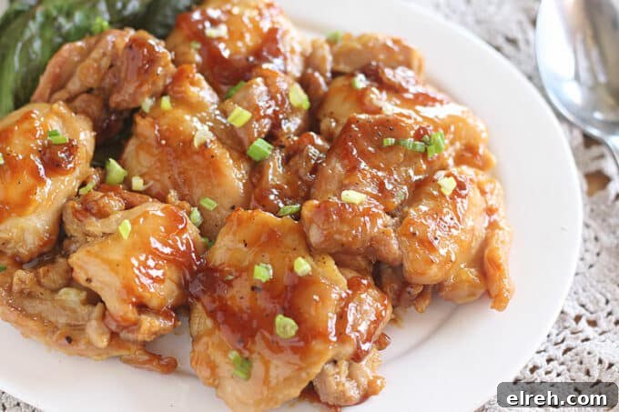 Apple Juice Glazed Chicken Thighs Recipe 10 Chicken in a syrup-like sauce on a white plate.