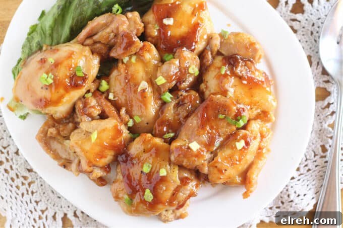 Apple Juice Glazed Chicken Thighs Recipe 11 Overhead shot of a plateful of chicken thighs topped with a reddish-brown sauce.