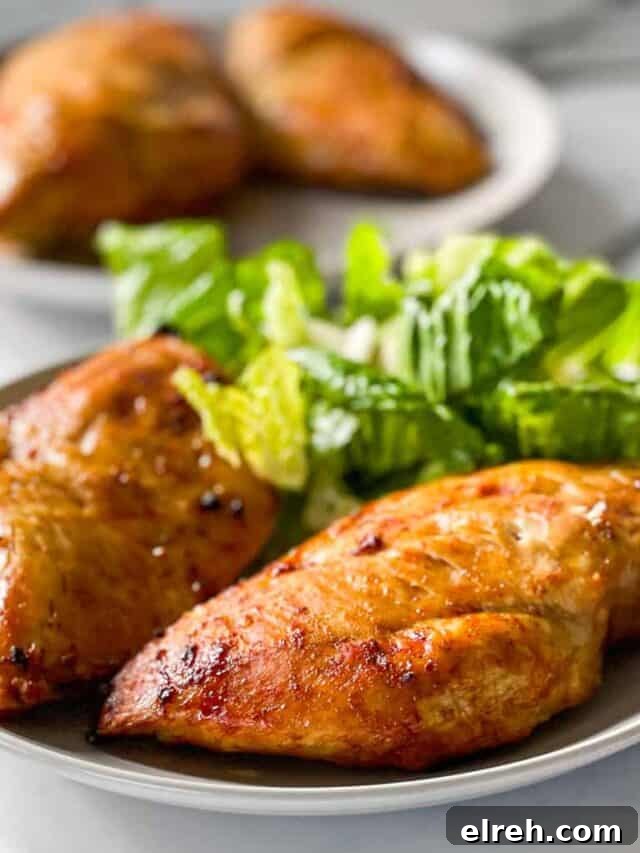 How to Cook Frozen Chicken Breasts in an Air Fryer 10 Juicy chicken breasts on a plate with a green salad.