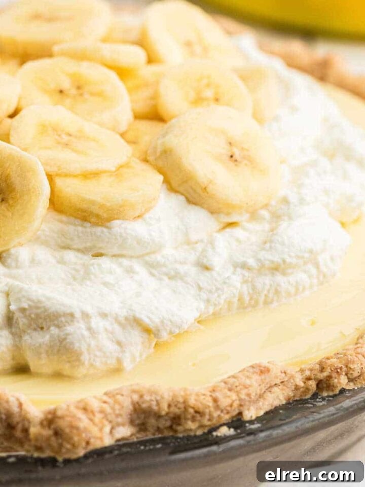 A dish with banana cream pie, cropped square.