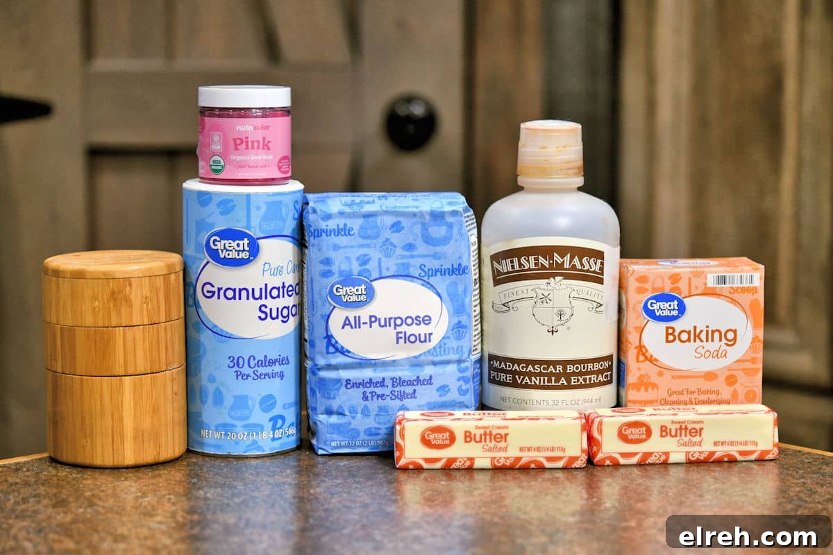 Mexican Pink cookies ingredients for dye free polvorones rosas displayed on a countertop
