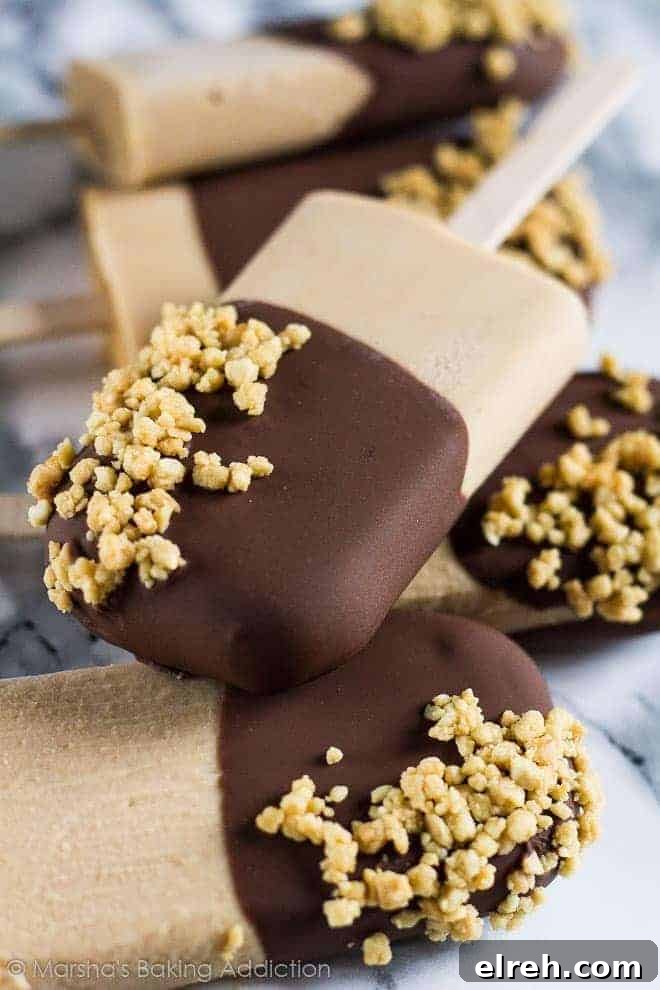 Chocolate and peanut butter popsicles dipped in chocolate.