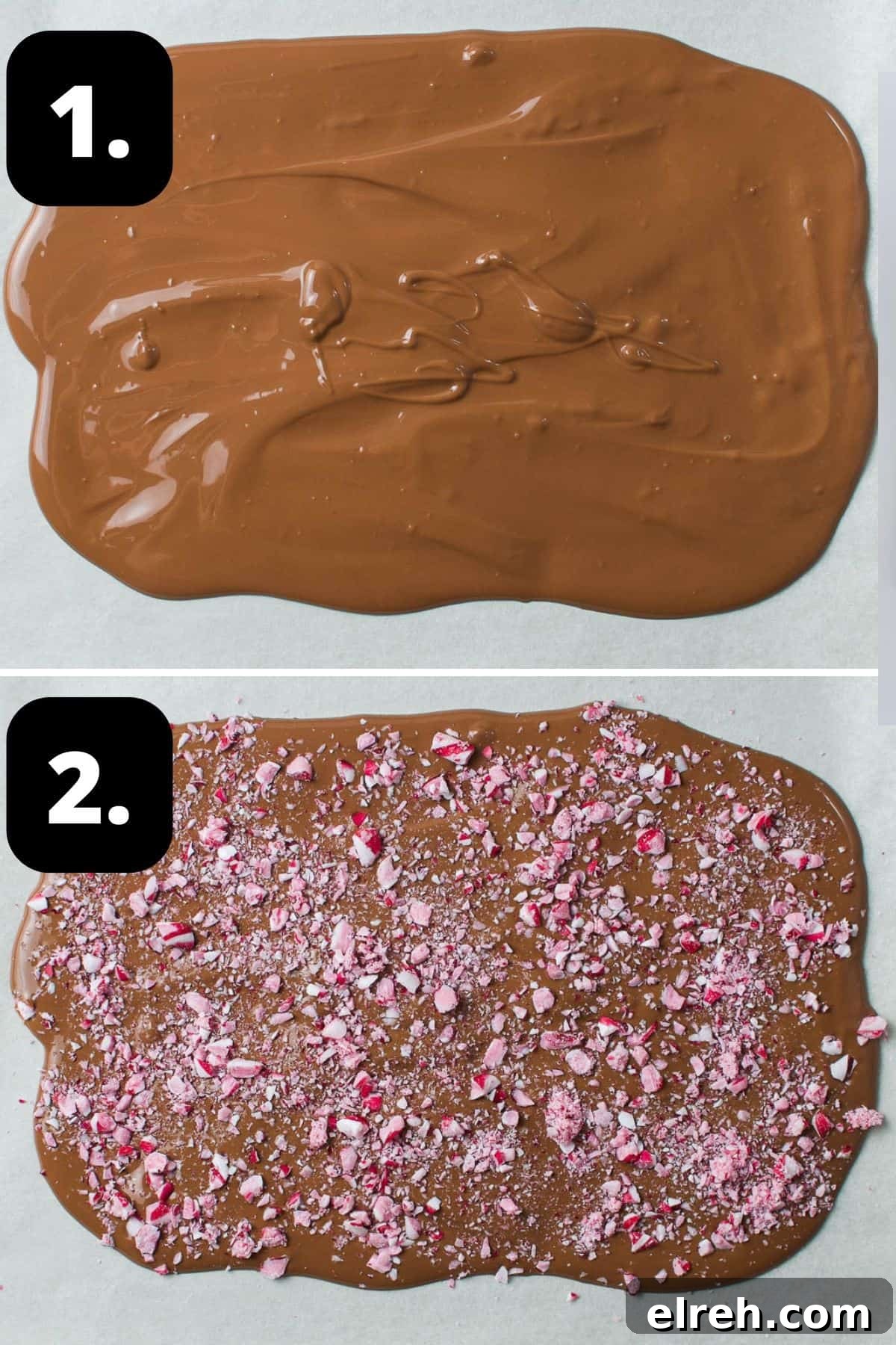 Steps 1-2 of preparing this recipe: the melted chocolate spread out on baking paper and sprinkled with crushed candy canes.