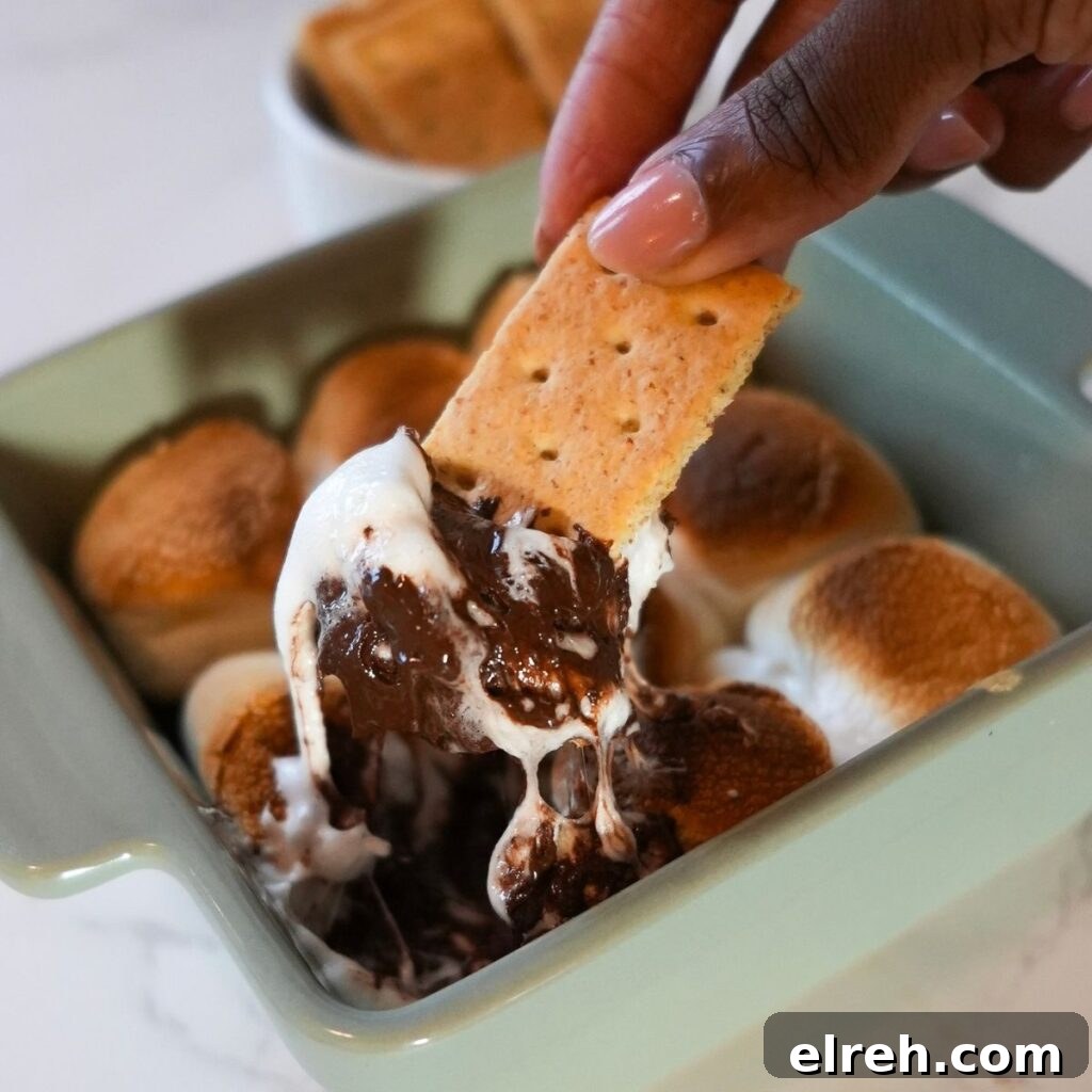 Air fryer s'mores dip with melted marshmallows and chocolate, served with graham crackers.