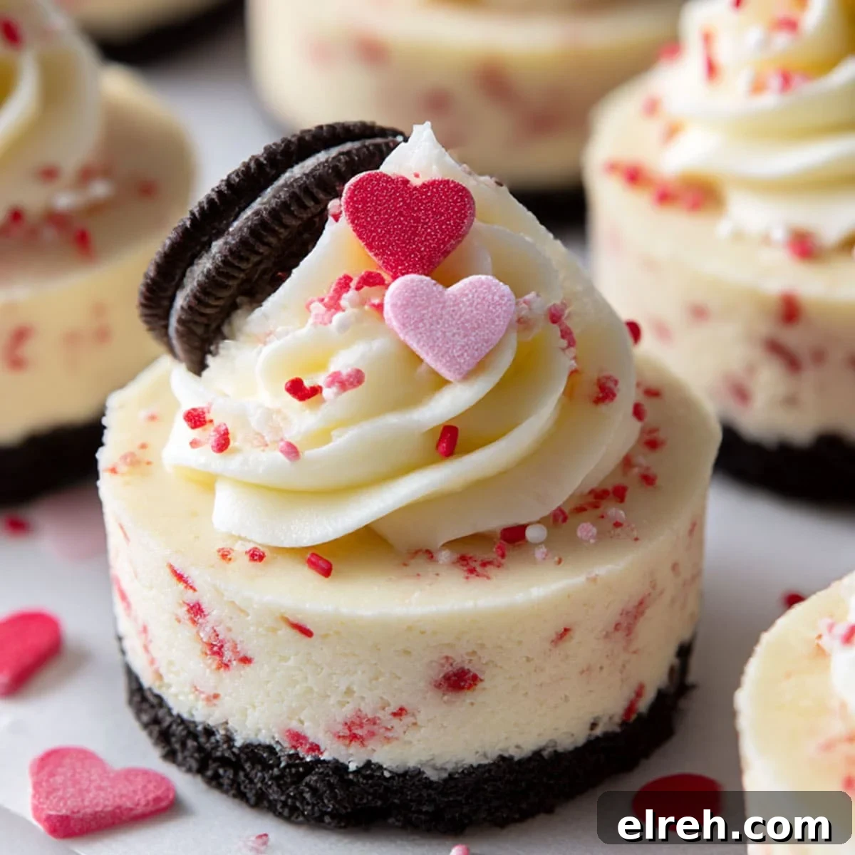 Mini Oreo Cheesecake with whipped cream, heart sprinkles, and Oreo crust