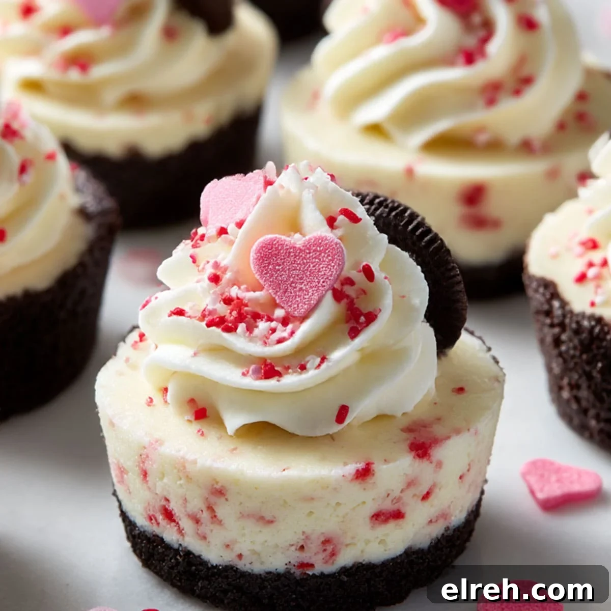 Close-up of a Mini Oreo Cheesecake with red sprinkles and cookie garnish
