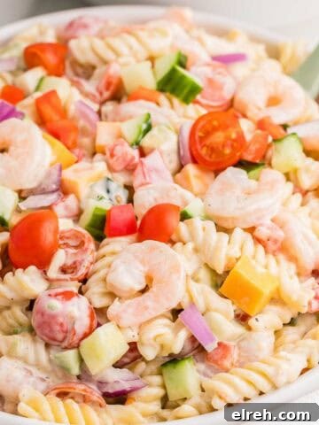 Close up of creamy shrimp pasta salad with rotini pasta, shrimp, cherry tomatoes, cucumber, bell pepper, red onion, avocado, and cheddar cheese coated in dressing.