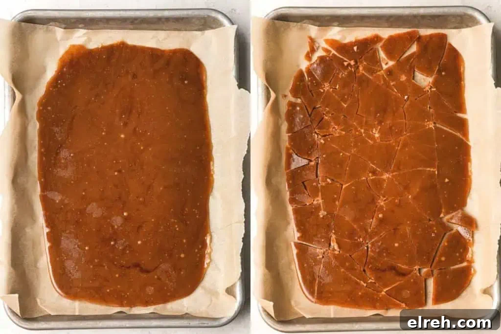 A split image showing a sheet of caramelized toffee spread on parchment paper and the same toffee cracked into large shards.