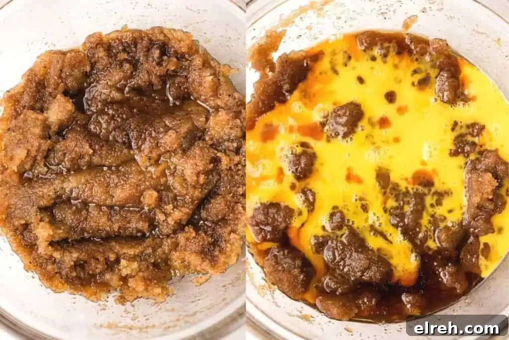 A split image showing browned butter mixed with sugar on one side and egg added to the mixture on the other.