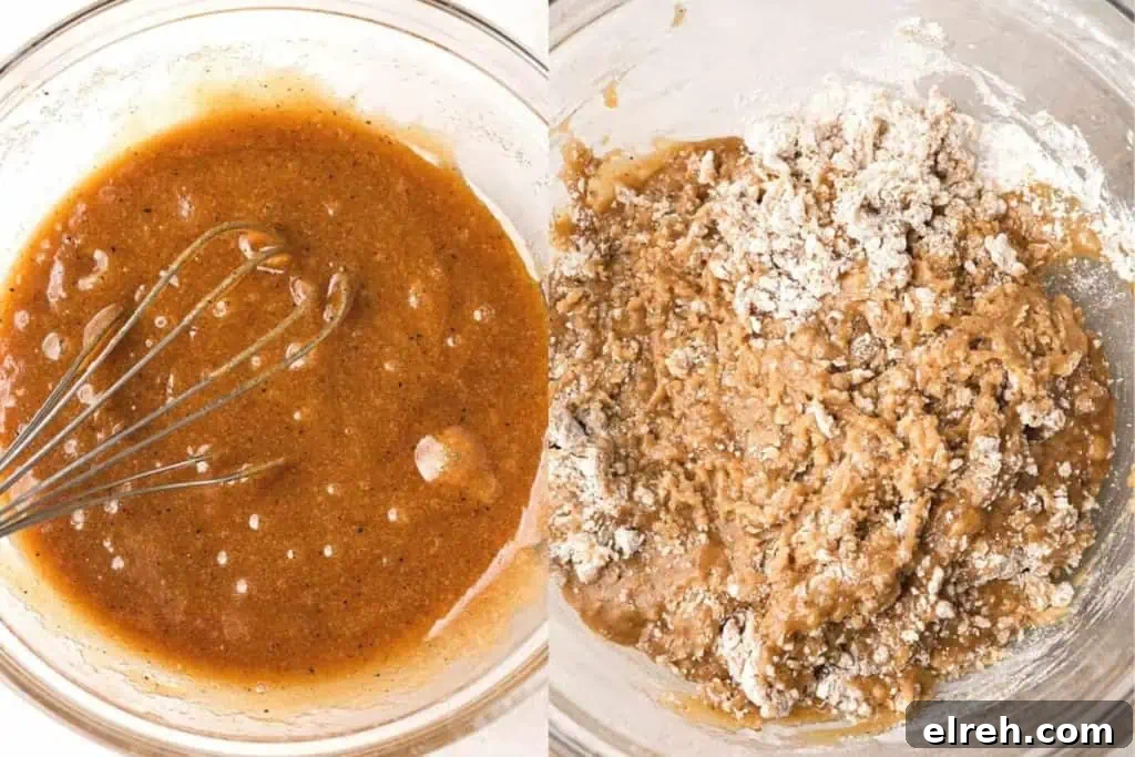 A split image showing browned butter being whisked in a bowl on one side and flour being mixed into cookie dough on the other.