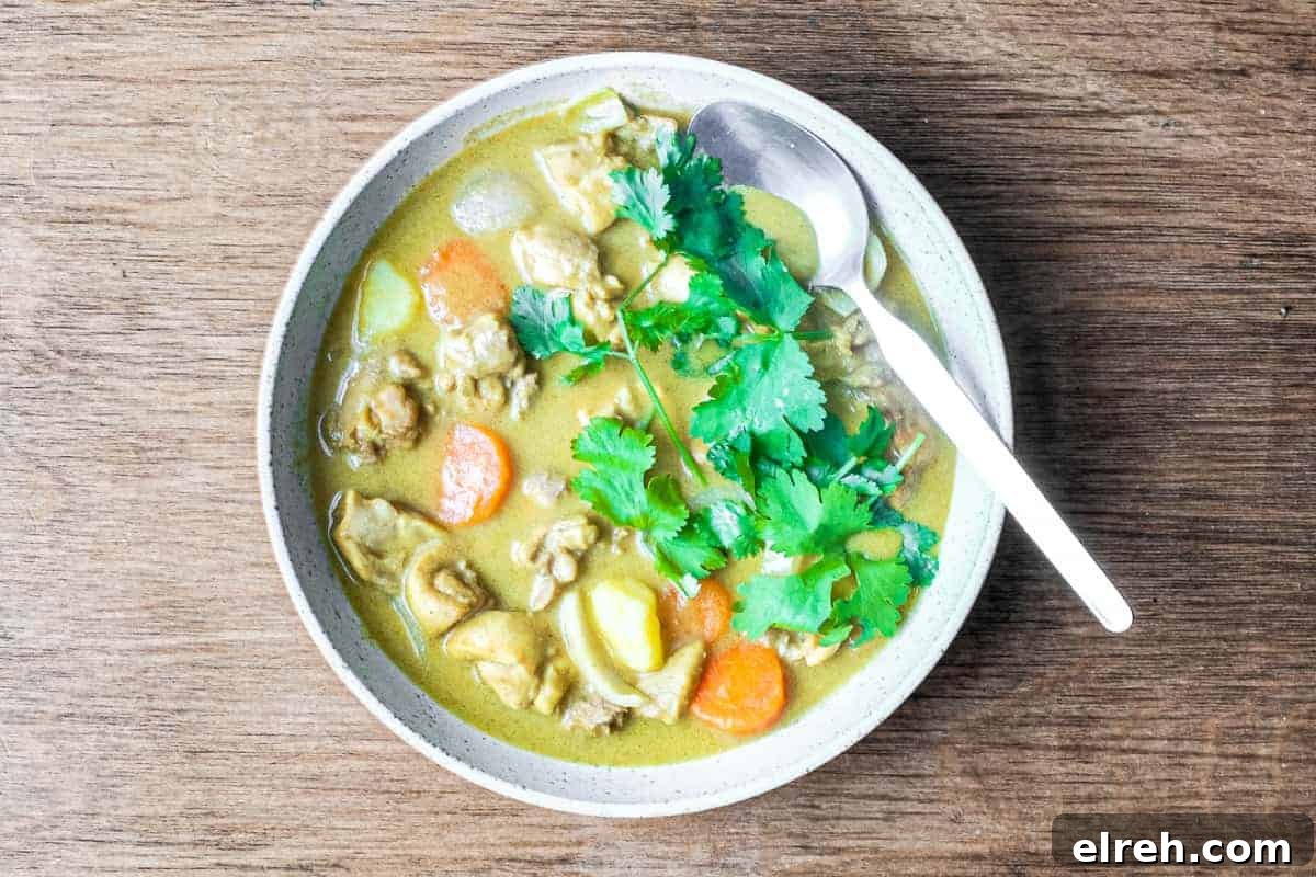 A bowl of Vietnamese chicken curry with chicken, carrots and potatoes. A spoon sits in the sauce.