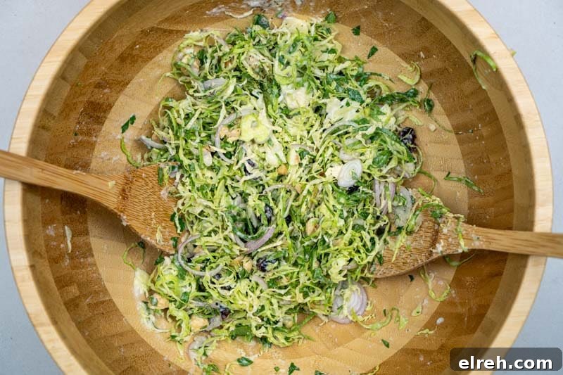 Shaved Brussels Sprouts Salad with Cranberries and Hazelnuts 6 Tossing the salad together