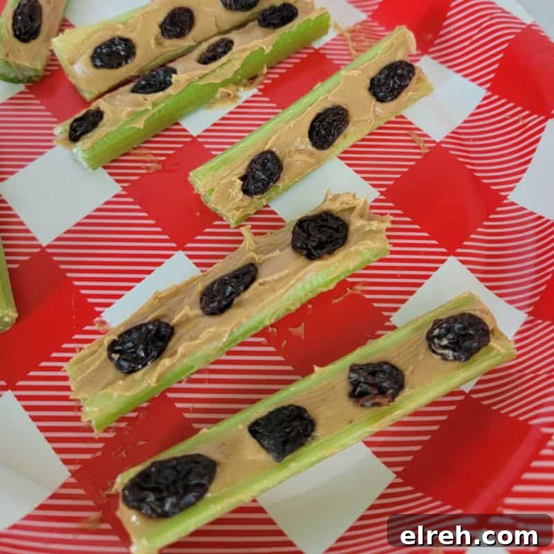 Celery Recipes Fresh Ideas for What to Make with Celery 3 Ants on a Log with peanut butter, raisin, and celery on a red and white plate