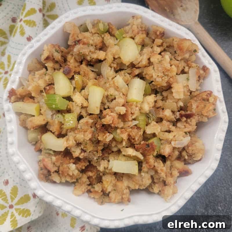 Celery Recipes Fresh Ideas for What to Make with Celery 5 apple stuffing in a white bowl next to a cloth napkin and wooden spoon