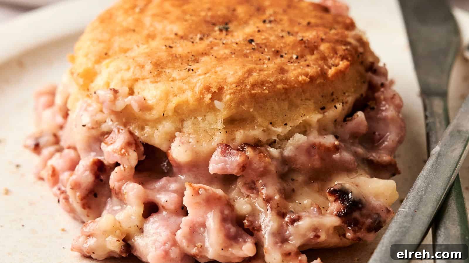 Close-up of a savory biscuit with a creamy ham filling, looking like a gourmet twist on a Biscuits and Gravy Casserole, served elegantly on a plate.