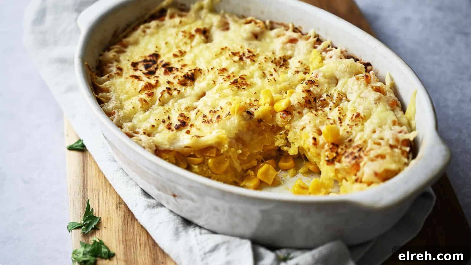 Corn casserole in a casserole dish with a portion removed.