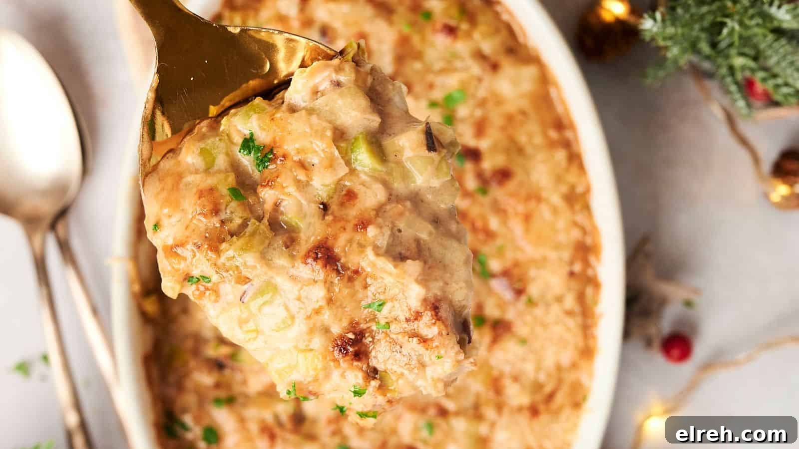 A close-up of a spoon scooping a portion of creamy baked casserole topped with herbs, with a dish of the casserole and a spoon in the background.