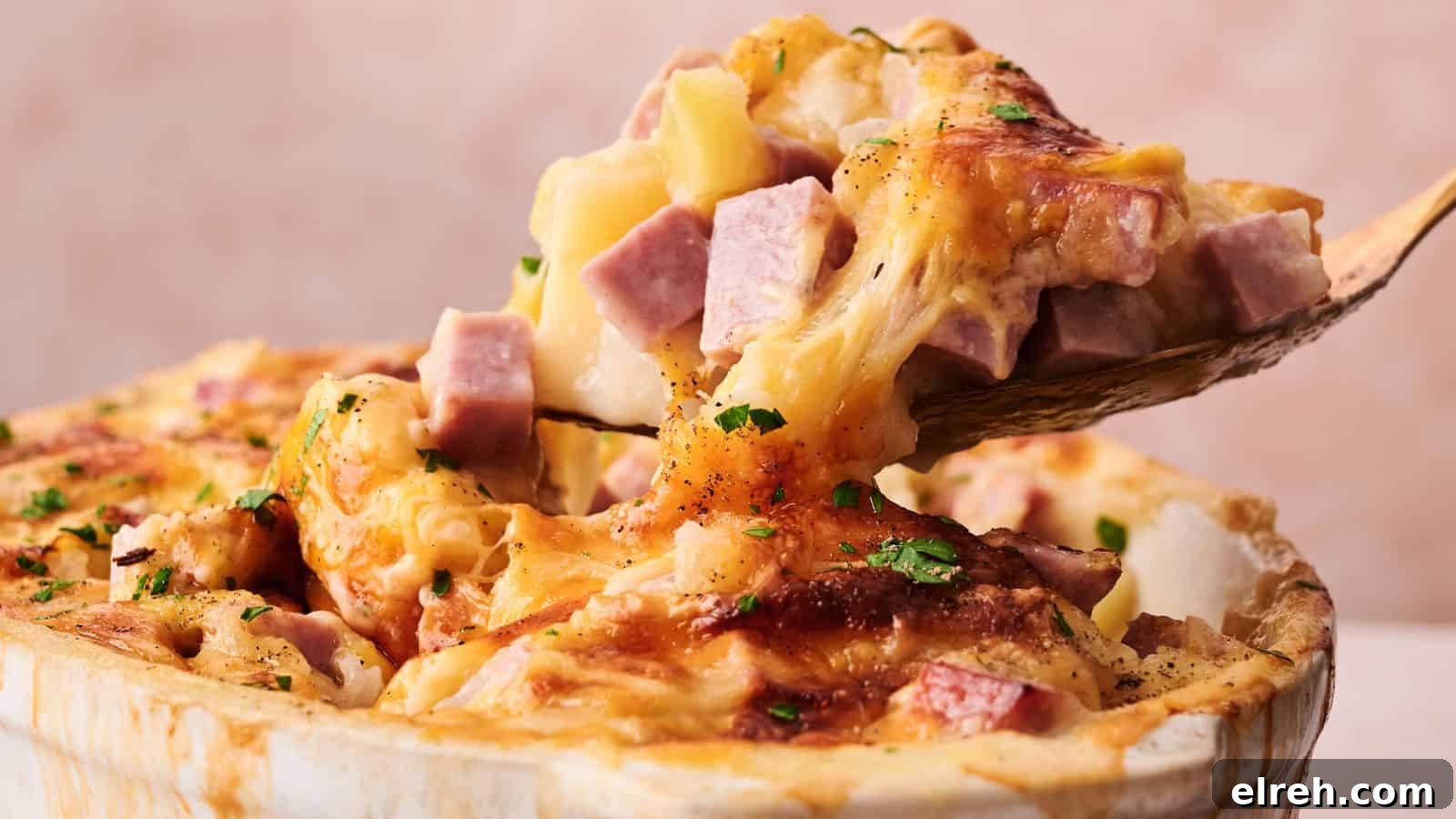 A wooden spoon lifts a serving of cheesy casserole with chunks of ham and potatoes from a baking dish.
