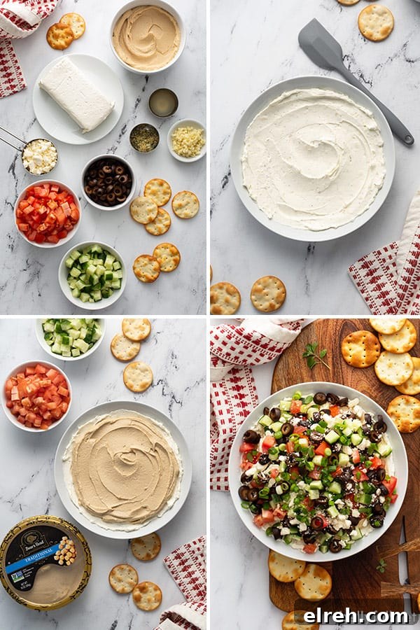 4 picture collage of layered dip step by step process