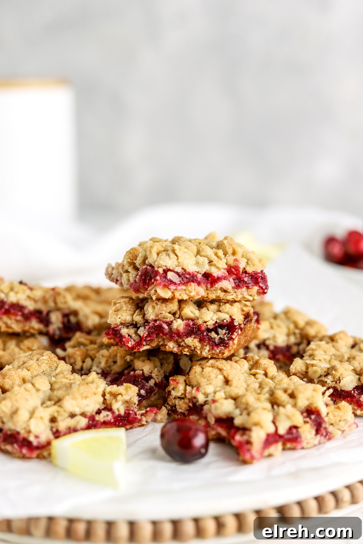 Tangy Cranberry Lemon Bars with Shortbread Crust 11 Sliced cranberry lemon bars ready to serve.