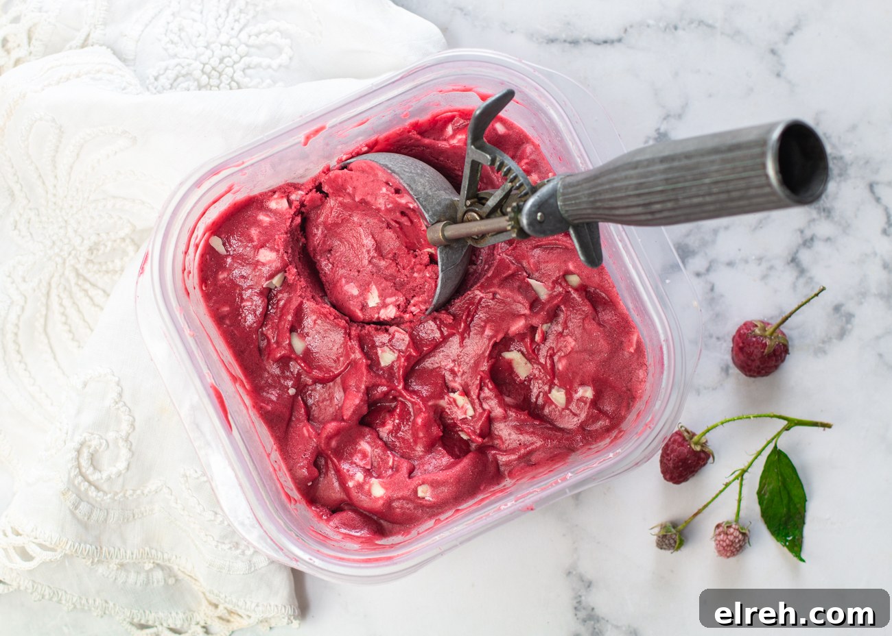 Out of the freezer - Karen's Raspberry Sherbet with White Chocolate Shavings