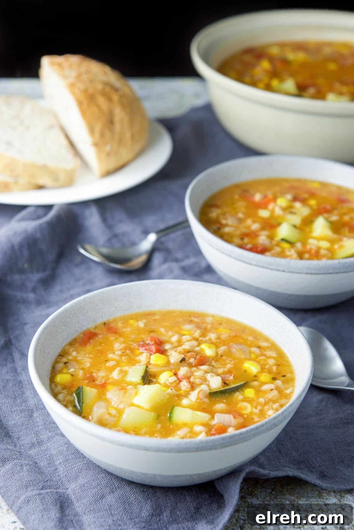 Closer view of the two grey bowls of soup with bread and a big serving bowl in the background