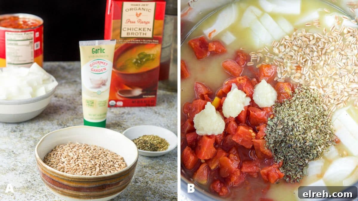Left - arro, herbs, garlic, onion, tomatoes and broth and the instant pot insert on a table. Right - All the ingredients in the instant pot for the soup - you can see garlic, farro and diced tomatoes