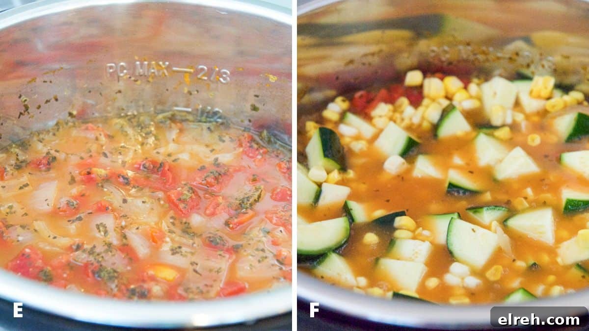 The soup cooked in the instant pot and the zucchini and corn added