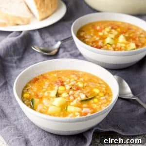 Grey bowl of vegetable soup - square