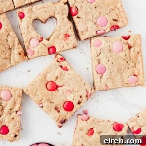 brown butter blondies with red and pink m&m's