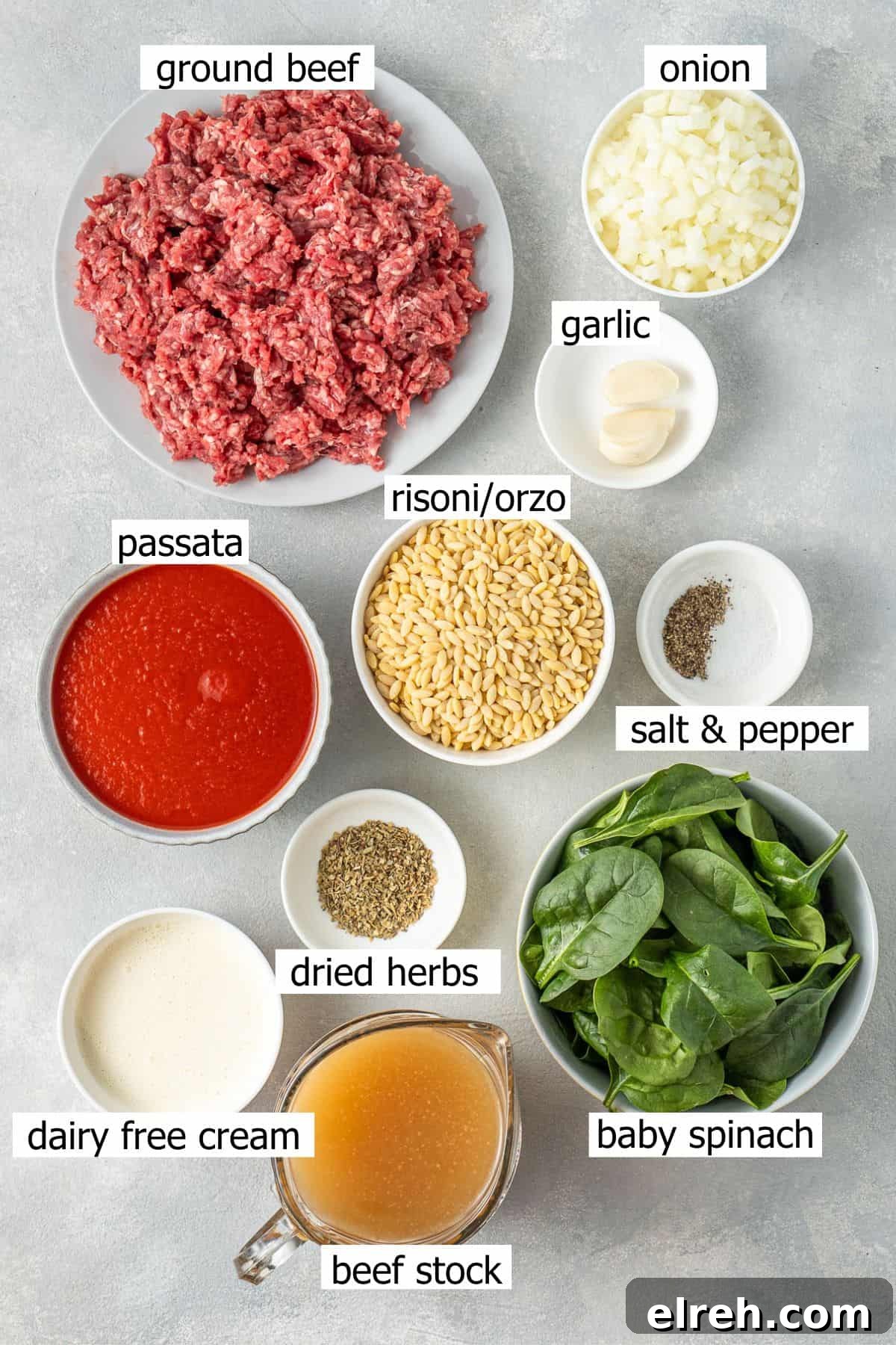 All ingredients needed to make ground beef and orzo laid out in small bowls.