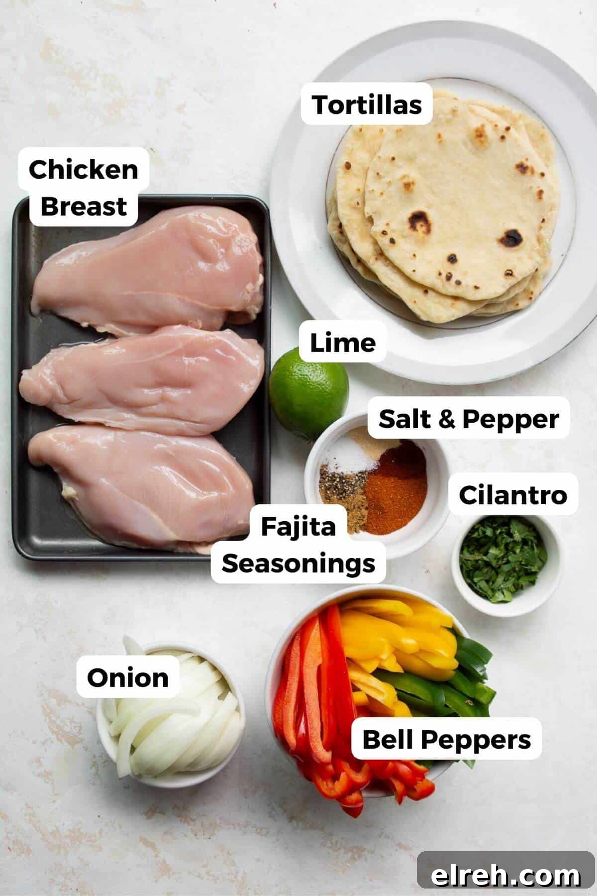 Chicken Fajita Tacos with Grilled Peppers and Onions 3 Ingredients for chicken fajita tacos:, including: raw chicken breasts, bell peppers, onion, lime, fajita seasonings, and tortillas.